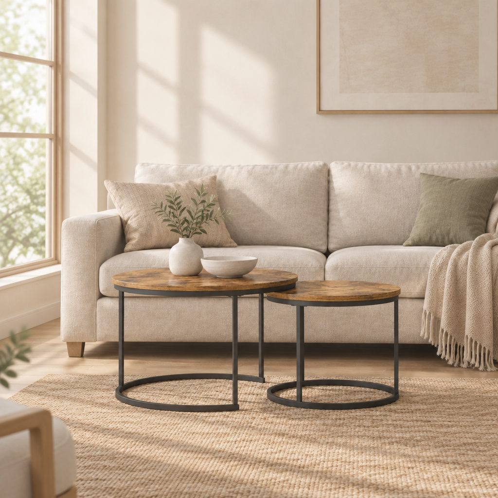 Nesting Coffee Table Set of 2, 27.6inch Round Coffee Table Industrial Wood Finish with Sturdy Metal Frame, End Table Side Tables for Living Room Bedroom Balcony Yard (Rustic Brown) — living room wide