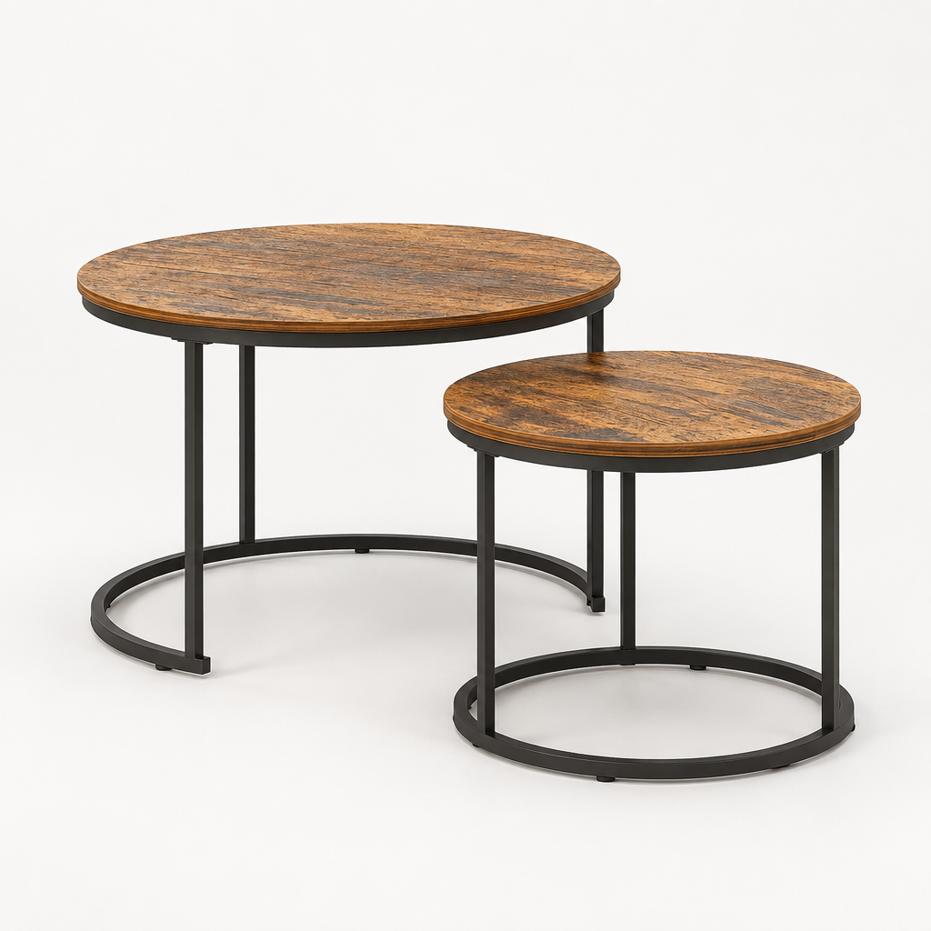 Nesting Coffee Table Set of 2, 27.6inch Round Coffee Table Industrial Wood Finish with Sturdy Metal Frame, End Table Side Tables for Living Room Bedroom Balcony Yard (Rustic Brown) — studio three-quarter