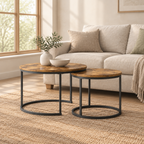 Nesting Coffee Table Set of 2, 27.6inch Round Coffee Table Industrial Wood Finish with Sturdy Metal Frame, End Table Side Tables for Living Room Bedroom Balcony Yard (Rustic Brown) — living room three-quarter right