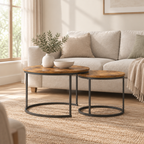 Nesting Coffee Table Set of 2, 27.6inch Round Coffee Table Industrial Wood Finish with Sturdy Metal Frame, End Table Side Tables for Living Room Bedroom Balcony Yard (Rustic Brown) — living room three-quarter left