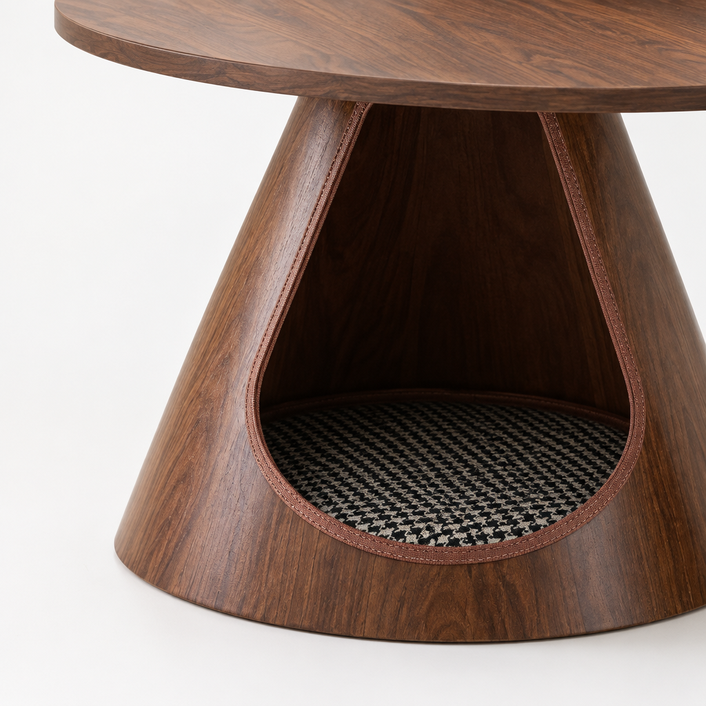 Nesting Coffee Table Set of 2, Round Side Tables with Integrated Cat Cave Bed, Modern End Table with Melamine Wood Grain Top & Carbon Steel Base for Living Room, Small Space, Walnut — studio detail