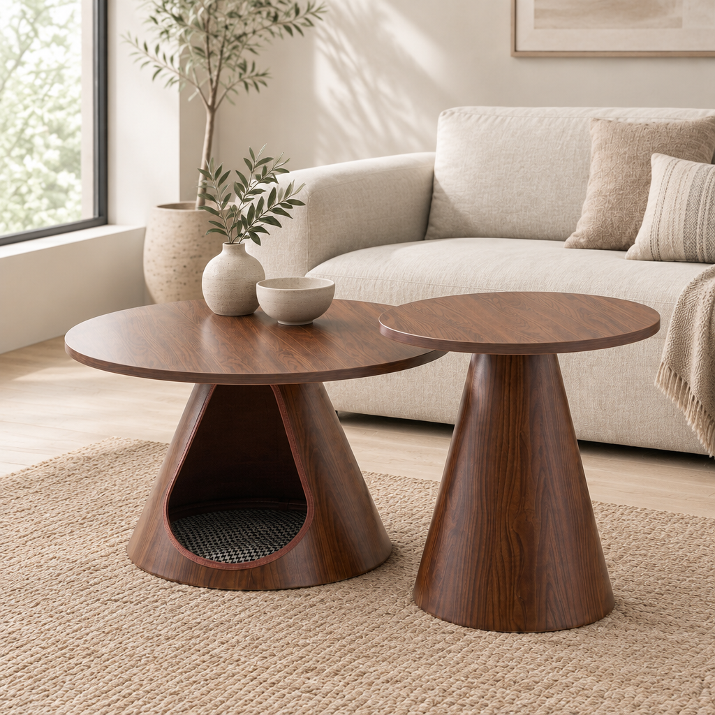 Nesting Coffee Table Set of 2, Round Side Tables with Integrated Cat Cave Bed, Modern End Table with Melamine Wood Grain Top & Carbon Steel Base for Living Room, Small Space, Walnut — living room three-quarter right