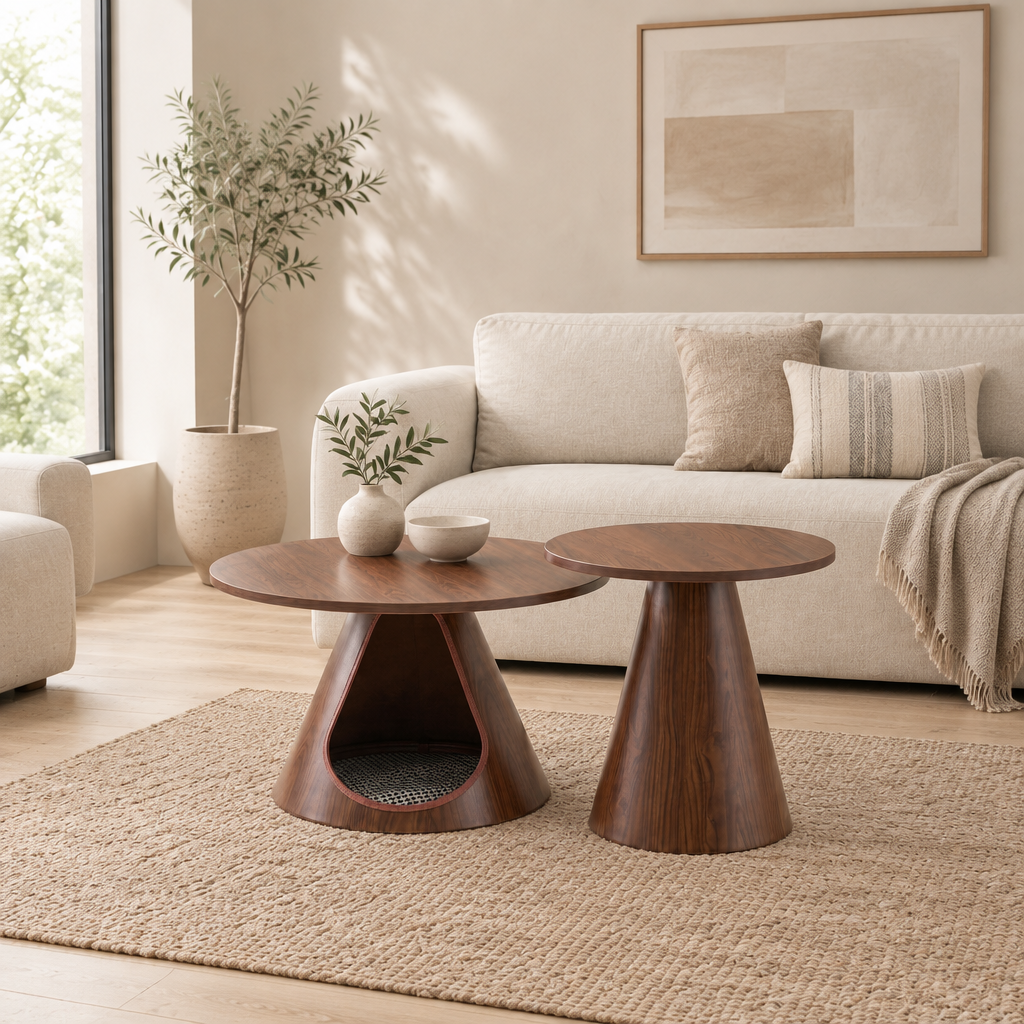 Nesting Coffee Table Set of 2, Round Side Tables with Integrated Cat Cave Bed, Modern End Table with Melamine Wood Grain Top & Carbon Steel Base for Living Room, Small Space, Walnut — living room wide