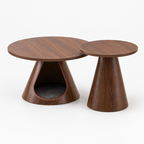 Nesting Coffee Table Set of 2, Round Side Tables with Integrated Cat Cave Bed, Modern End Table with Melamine Wood Grain Top & Carbon Steel Base for Living Room, Small Space, Walnut — studio three-quarter