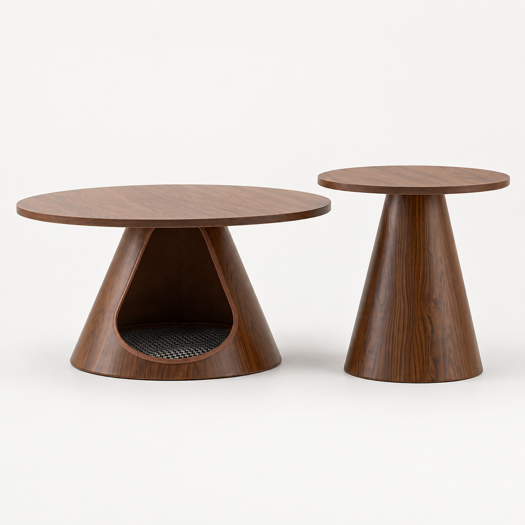 Nesting Coffee Table Set of 2, Round Side Tables with Integrated Cat Cave Bed, Modern End Table with Melamine Wood Grain Top & Carbon Steel Base for Living Room, Small Space, Walnut — studio side profile