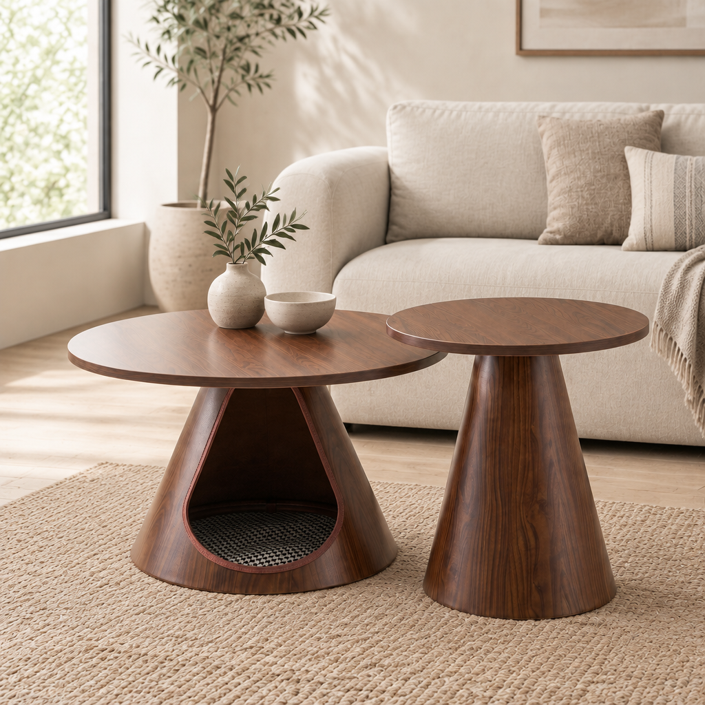 Nesting Coffee Table Set of 2, Round Side Tables with Integrated Cat Cave Bed, Modern End Table with Melamine Wood Grain Top & Carbon Steel Base for Living Room, Small Space, Walnut — living room three-quarter left