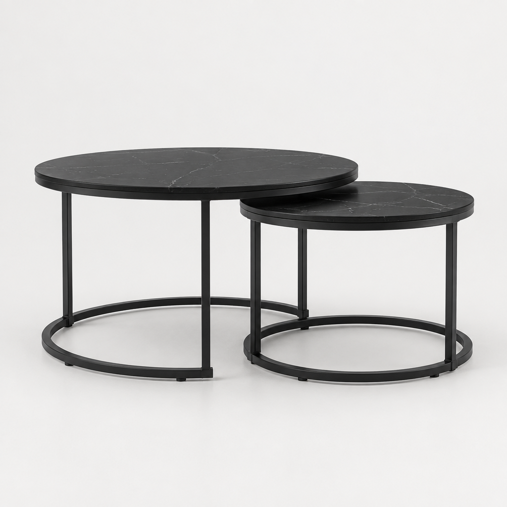 Nesting Coffee Table Set Of 2, 27.6inch Round Coffee Table Wood Marble Pattern Top With Sturdy Metal Frame, End Table Side Tables For Living Room Bedroom Balcony Yard Black — studio side profile