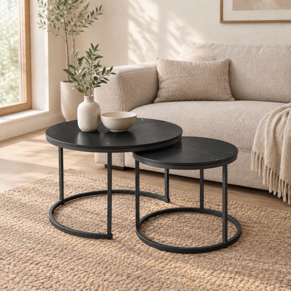 Nesting Coffee Table Set Of 2, 27.6inch Round Coffee Table Wood Marble Pattern Top With Sturdy Metal Frame, End Table Side Tables For Living Room Bedroom Balcony Yard Black — living room three-quarter right
