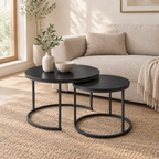 Nesting Coffee Table Set Of 2, 27.6inch Round Coffee Table Wood Marble Pattern Top With Sturdy Metal Frame, End Table Side Tables For Living Room Bedroom Balcony Yard Black — living room three-quarter right