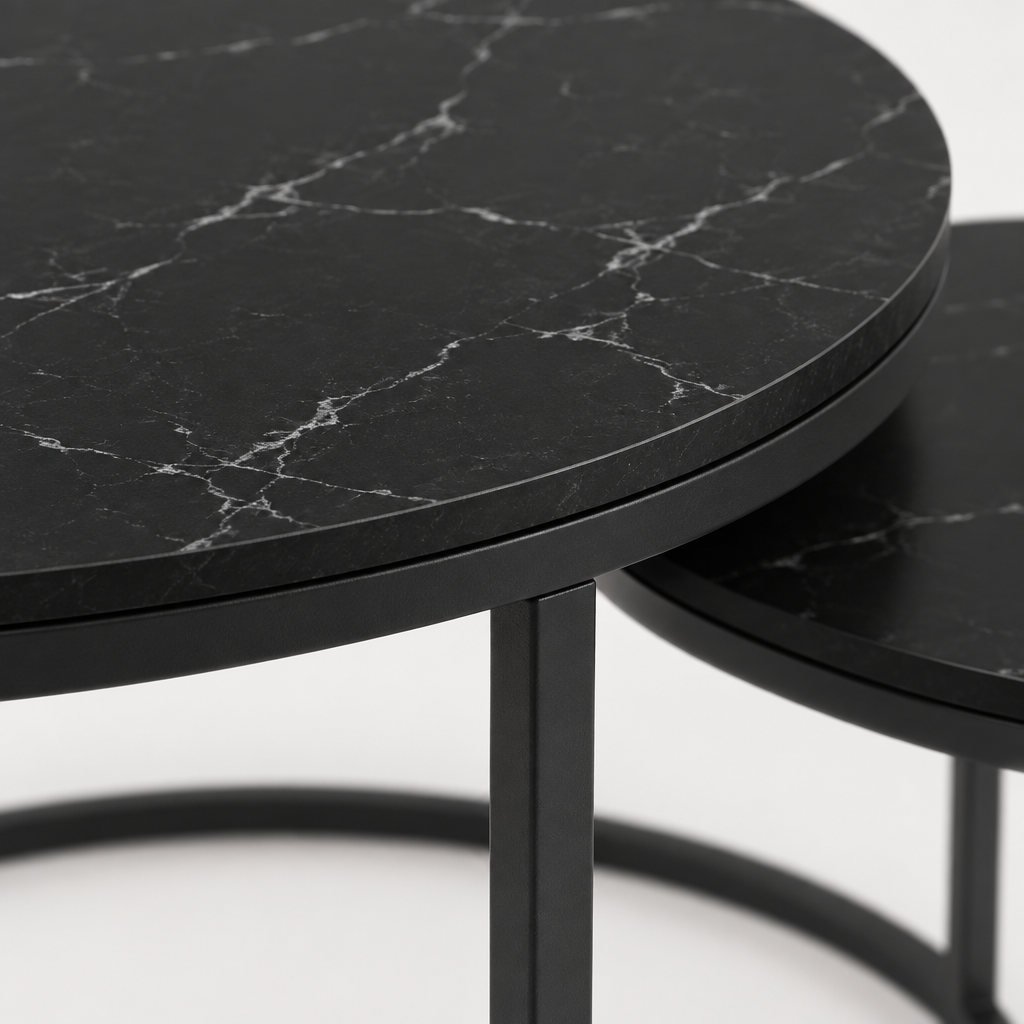 Nesting Coffee Table Set Of 2, 27.6inch Round Coffee Table Wood Marble Pattern Top With Sturdy Metal Frame, End Table Side Tables For Living Room Bedroom Balcony Yard Black — studio detail