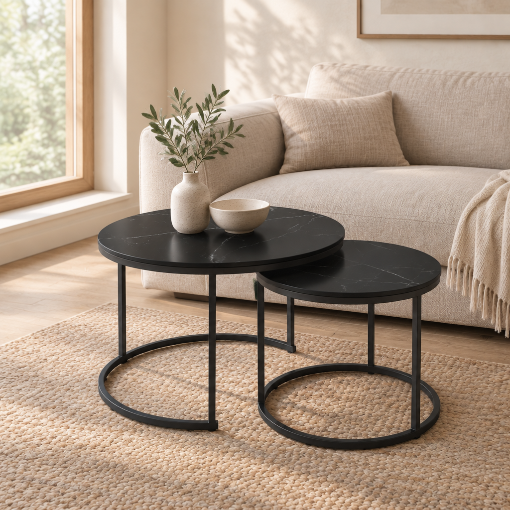 Nesting Coffee Table Set Of 2, 27.6inch Round Coffee Table Wood Marble Pattern Top With Sturdy Metal Frame, End Table Side Tables For Living Room Bedroom Balcony Yard Black — living room three-quarter left