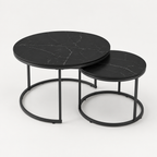 Nesting Coffee Table Set Of 2, 27.6inch Round Coffee Table Wood Marble Pattern Top With Sturdy Metal Frame, End Table Side Tables For Living Room Bedroom Balcony Yard Black — studio three-quarter