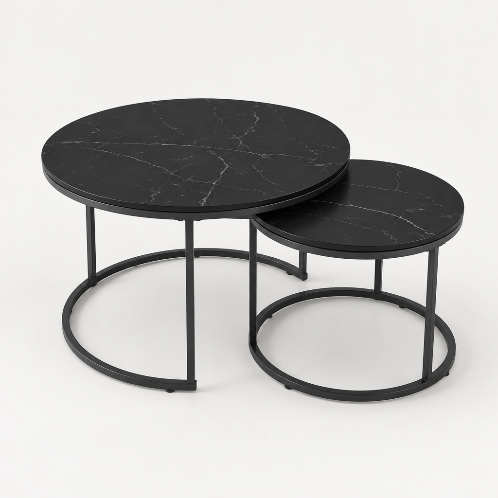 Nesting Coffee Table Set Of 2, 27.6inch Round Coffee Table Wood Marble Pattern Top With Sturdy Metal Frame, End Table Side Tables For Living Room Bedroom Balcony Yard Black — studio three-quarter