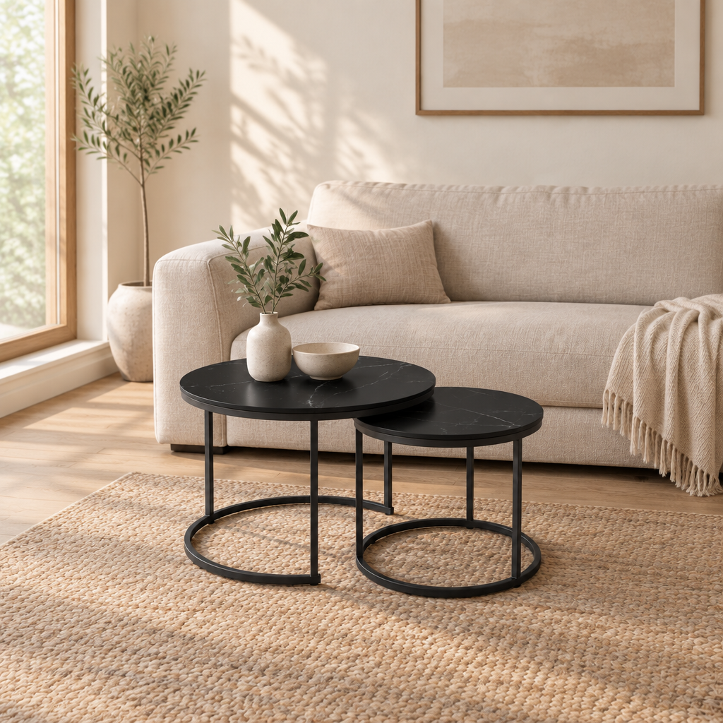 Nesting Coffee Table Set Of 2, 27.6inch Round Coffee Table Wood Marble Pattern Top With Sturdy Metal Frame, End Table Side Tables For Living Room Bedroom Balcony Yard Black — living room wide