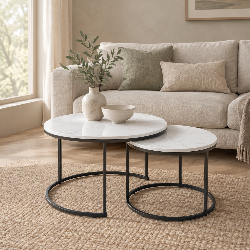 Nesting Coffee Table Set Of 2, 27.6inch Round Coffee Table Wood Marble Pattern Top With Sturdy Metal Frame, End Table Side Tables For Living Room Bedroom Balcony Yard White — living room front