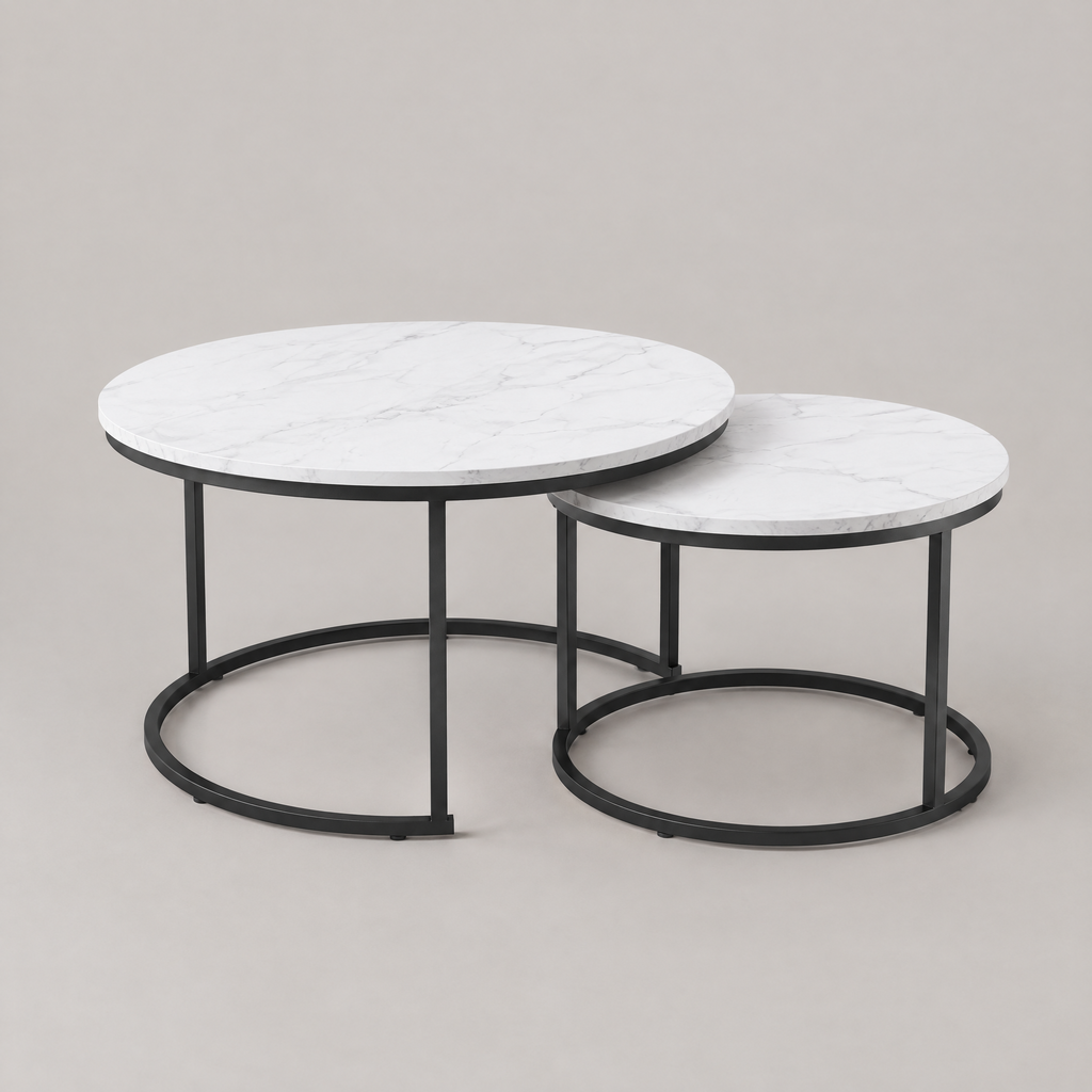 Nesting Coffee Table Set Of 2, 27.6inch Round Coffee Table Wood Marble Pattern Top With Sturdy Metal Frame, End Table Side Tables For Living Room Bedroom Balcony Yard White — studio hero