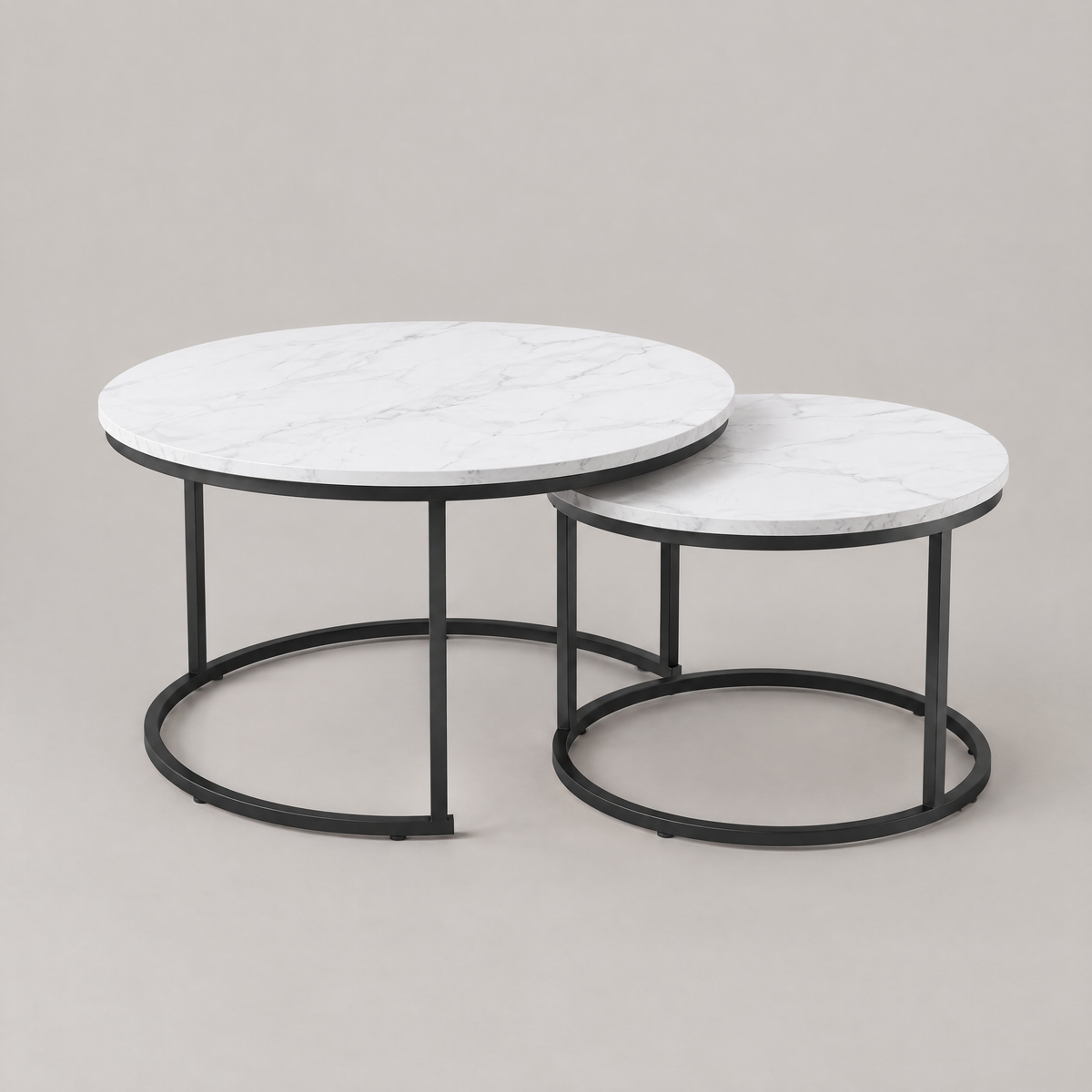Nesting Coffee Table Set Of 2, 27.6inch Round Coffee Table Wood Marble Pattern Top With Sturdy Metal Frame, End Table Side Tables For Living Room Bedroom Balcony Yard White — studio hero
