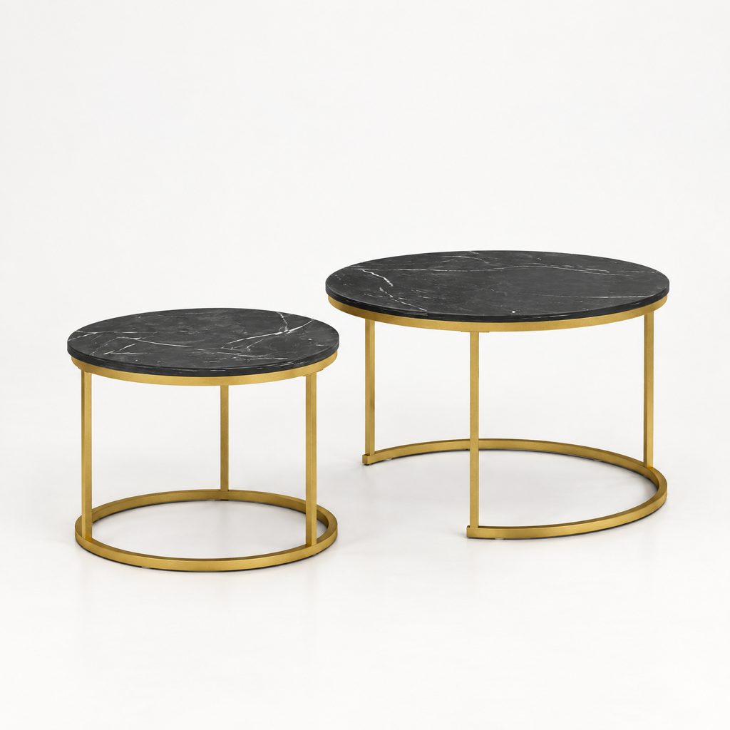 27.6in Nesting Coffee Table Set of 2, Round Coffee Table Wood Marble Pattern Top with Sturdy Metal Frame, End Table Side Tables for Living Room Bedroom Balcony Yard (Black) — studio hero