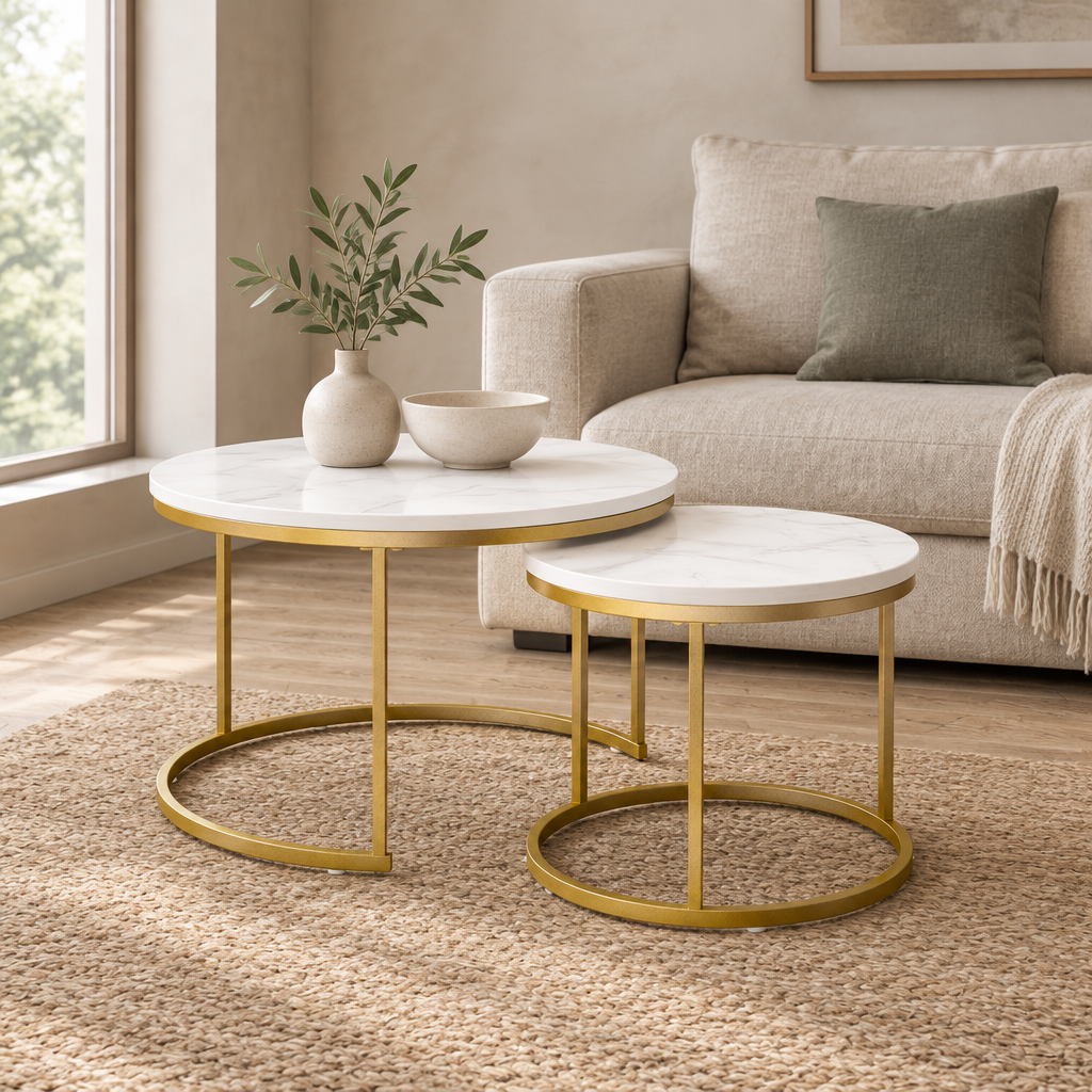 27.6in Nesting Coffee Table Set of 2, Round Coffee Table Wood Marble Pattern Top with Sturdy Metal Frame, End Table Side Tables for Living Room Bedroom Balcony Yard (White) — living room front