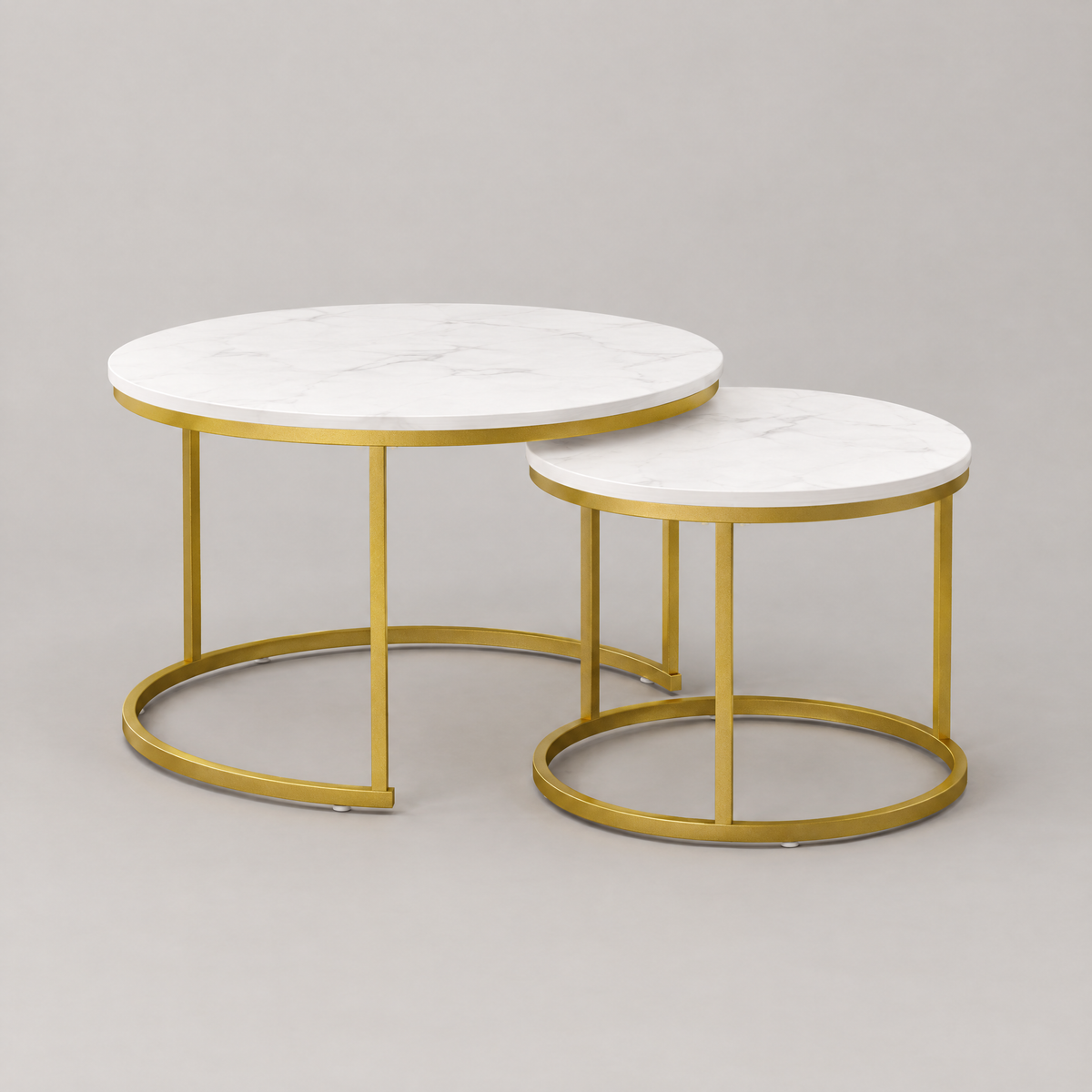 27.6in Nesting Coffee Table Set of 2, Round Coffee Table Wood Marble Pattern Top with Sturdy Metal Frame, End Table Side Tables for Living Room Bedroom Balcony Yard (White) — studio hero