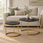 27.6in Nesting Coffee Table Set of 2, Round Coffee Table Wood Marble Pattern Top with Sturdy Metal Frame, End Table Side Tables for Living Room Bedroom Balcony Yard (Black) — living room front