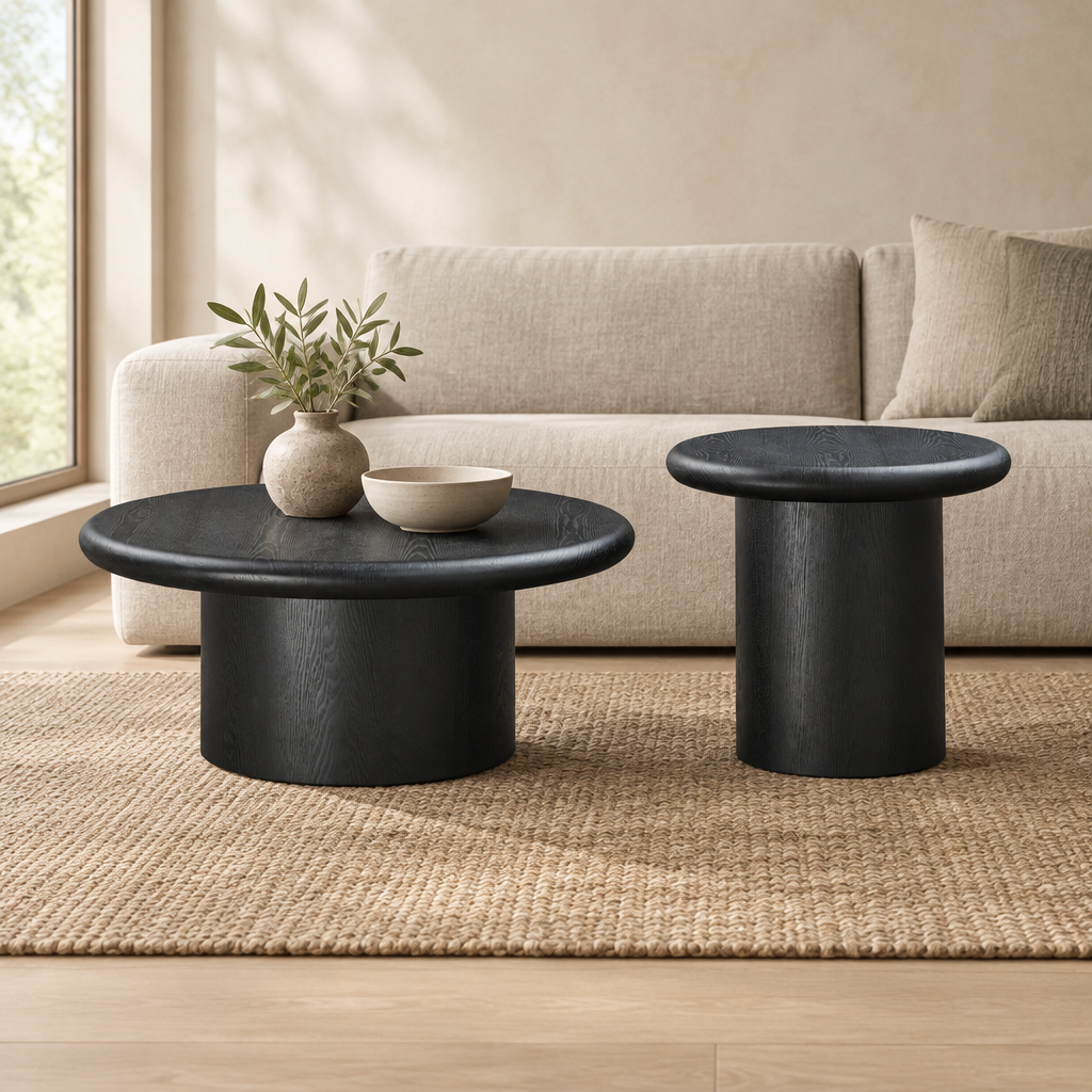 2-Piece Modern Round Coffee Table Set For Living Room,Easy Assembly Coffee Tables, End Side Tables For Leisure Area,Office,Black — living room front