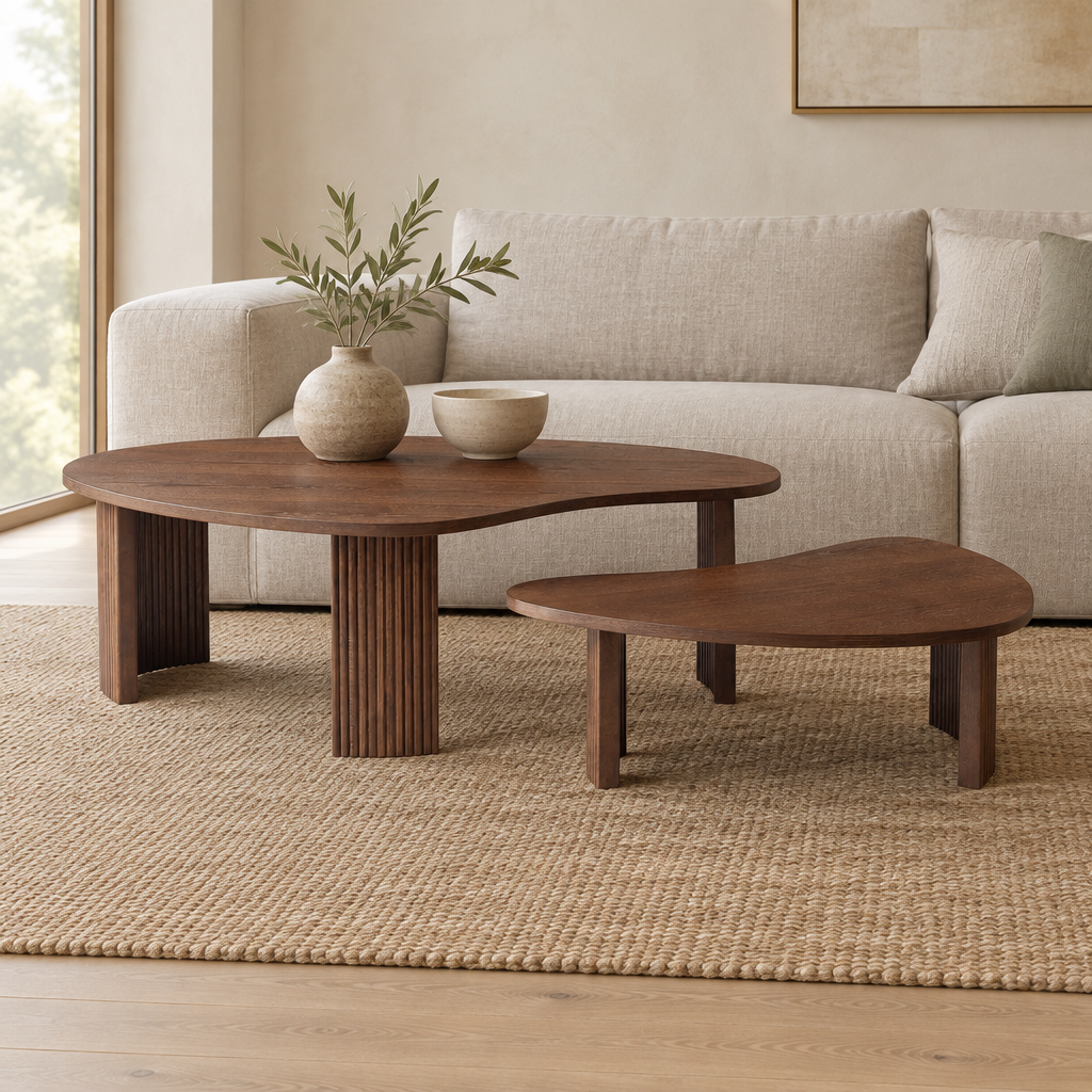 2-Piece Modern Irregular Shape Coffee Table Set For Living Room,Easy Assembly Nesting Coffee Tables, End Side Tables For Living Room Office,Walnut Color — living room front