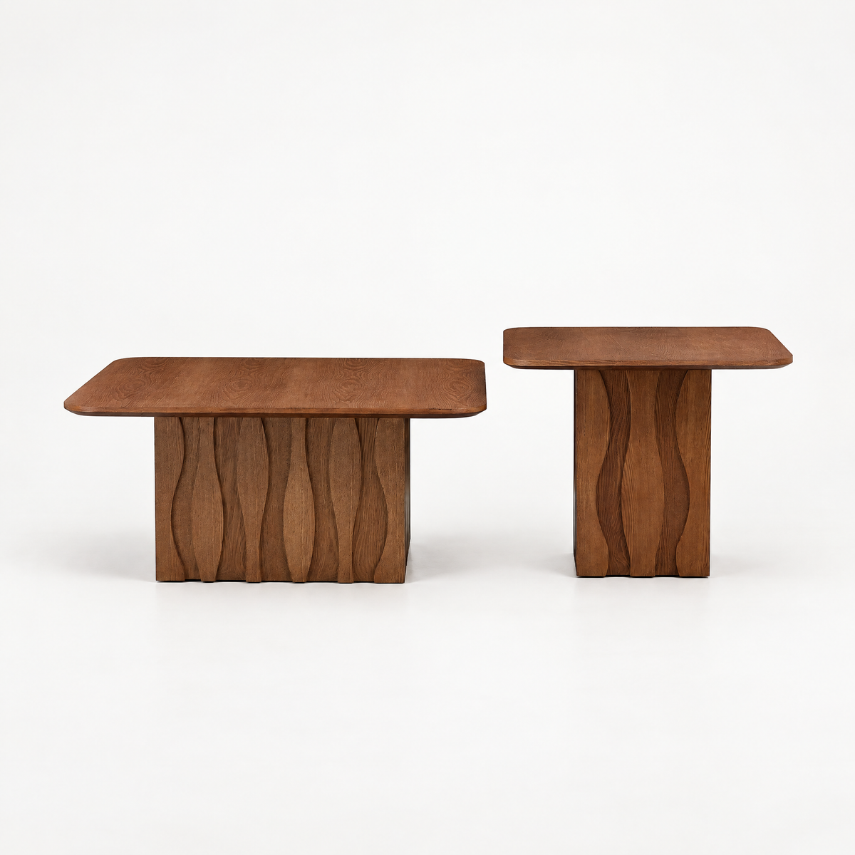 2PCS Nesting Square Coffee Table Set for Living Room,Mid-Century Wavy Fluted Base Tables, End Side Tables for Leisure Area,Office,Brown — studio hero