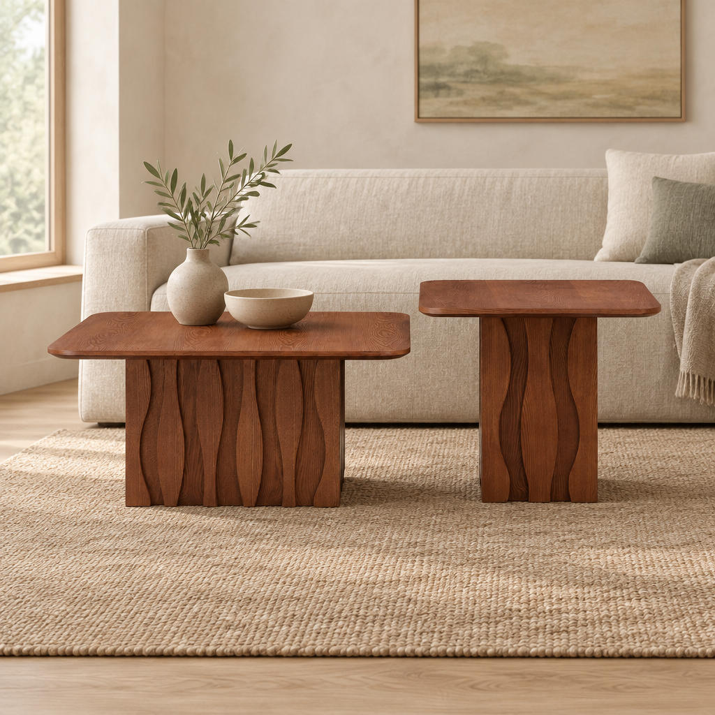 2PCS Nesting Square Coffee Table Set for Living Room,Mid-Century Wavy Fluted Base Tables, End Side Tables for Leisure Area,Office,Brown — living room front