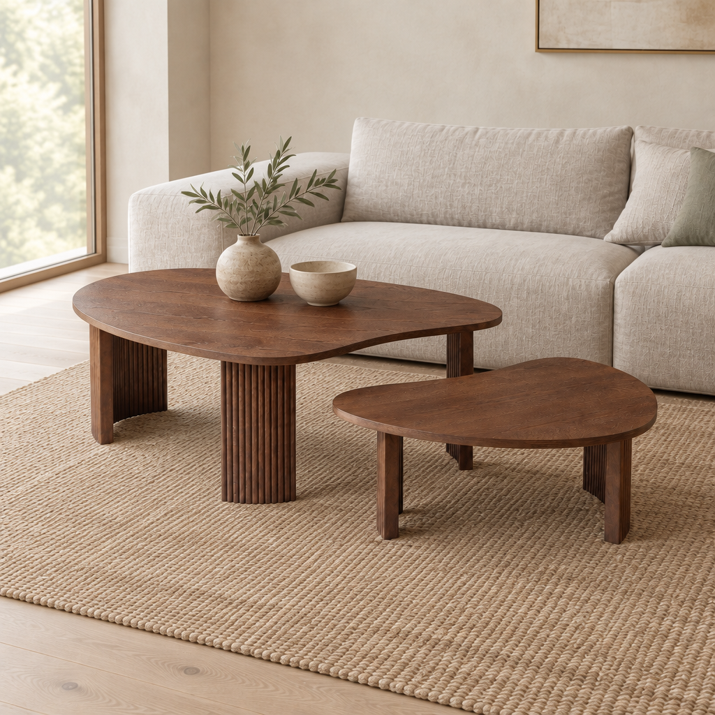 2-Piece Modern Irregular Shape Coffee Table Set For Living Room,Easy Assembly Nesting Coffee Tables, End Side Tables For Living Room Office,Walnut Color — living room three-quarter left