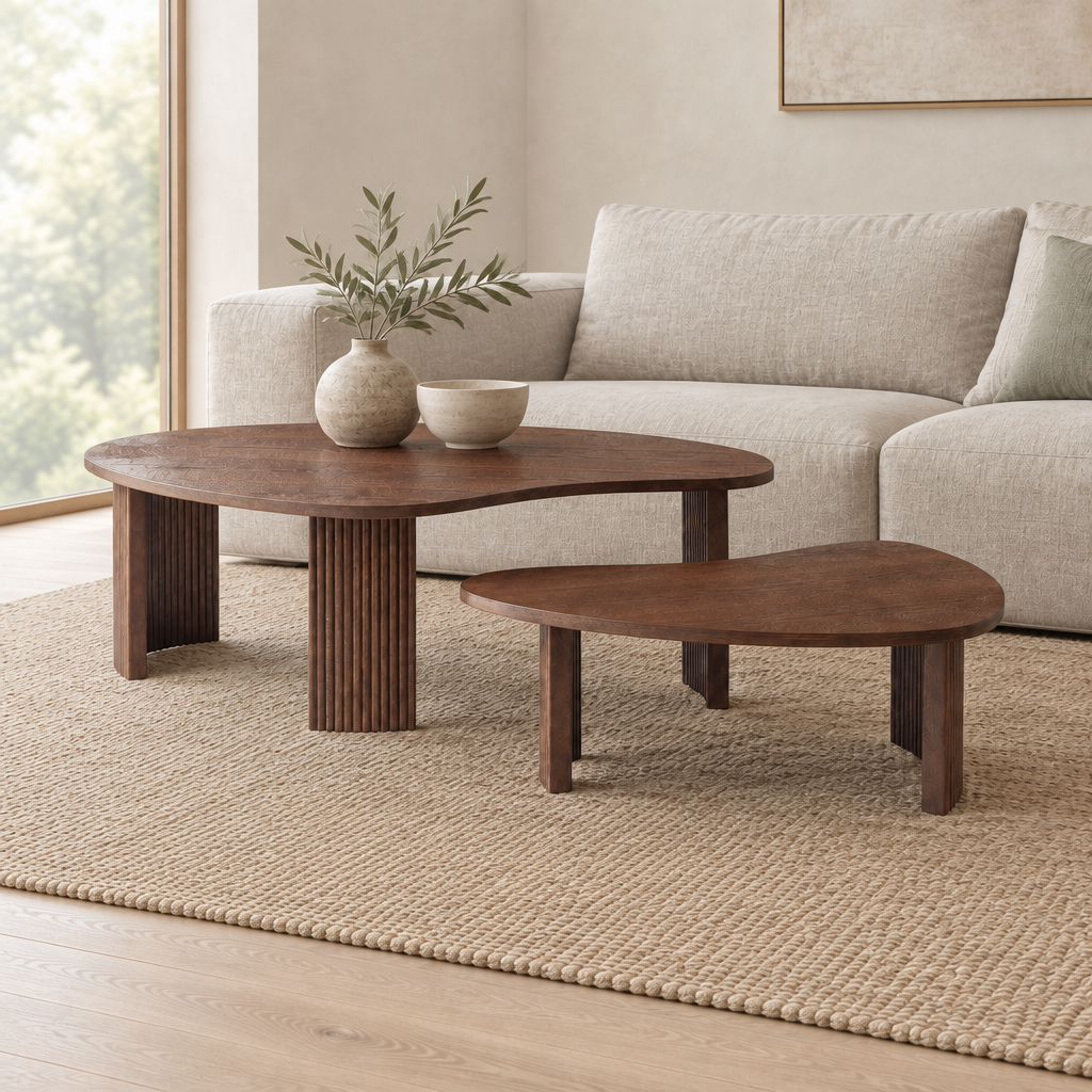 2-Piece Modern Irregular Shape Coffee Table Set For Living Room,Easy Assembly Nesting Coffee Tables, End Side Tables For Living Room Office,Walnut Color — living room three-quarter right