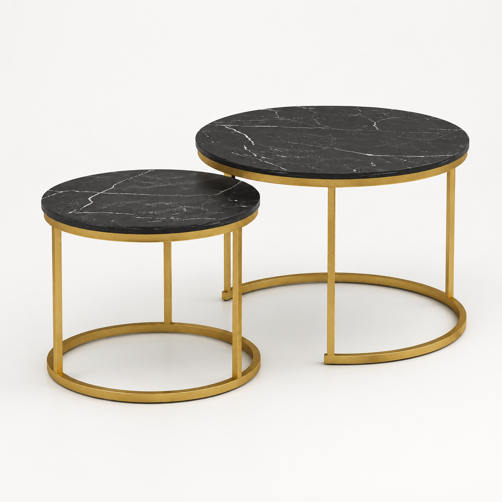 27.6in Nesting Coffee Table Set of 2, Round Coffee Table Wood Marble Pattern Top with Sturdy Metal Frame, End Table Side Tables for Living Room Bedroom Balcony Yard (Black) — studio three-quarter