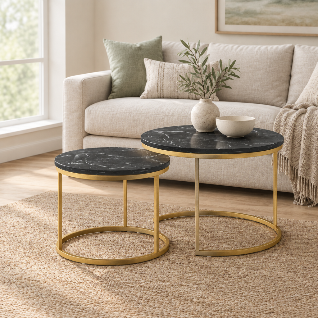 27.6in Nesting Coffee Table Set of 2, Round Coffee Table Wood Marble Pattern Top with Sturdy Metal Frame, End Table Side Tables for Living Room Bedroom Balcony Yard (Black) — living room three-quarter left