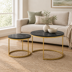 27.6in Nesting Coffee Table Set of 2, Round Coffee Table Wood Marble Pattern Top with Sturdy Metal Frame, End Table Side Tables for Living Room Bedroom Balcony Yard (Black) — living room three-quarter right