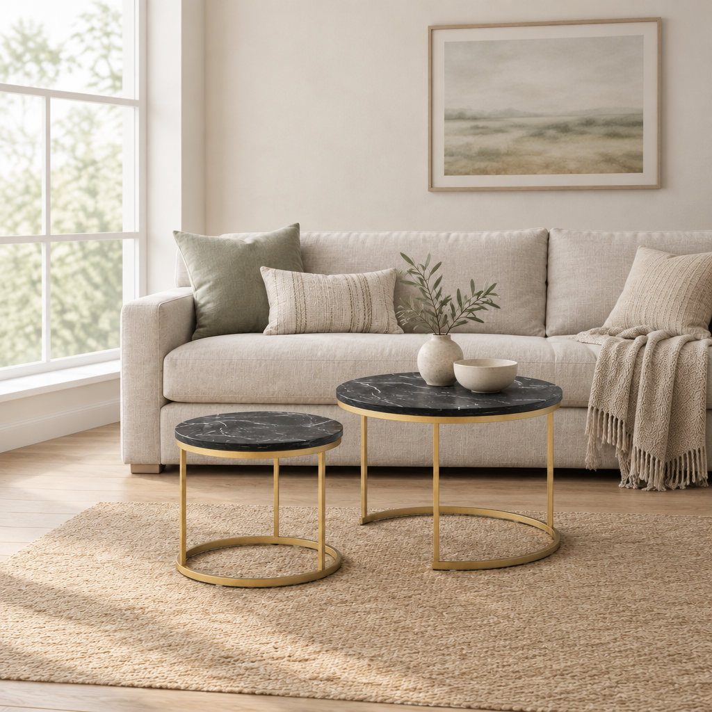 27.6in Nesting Coffee Table Set of 2, Round Coffee Table Wood Marble Pattern Top with Sturdy Metal Frame, End Table Side Tables for Living Room Bedroom Balcony Yard (Black) — living room wide