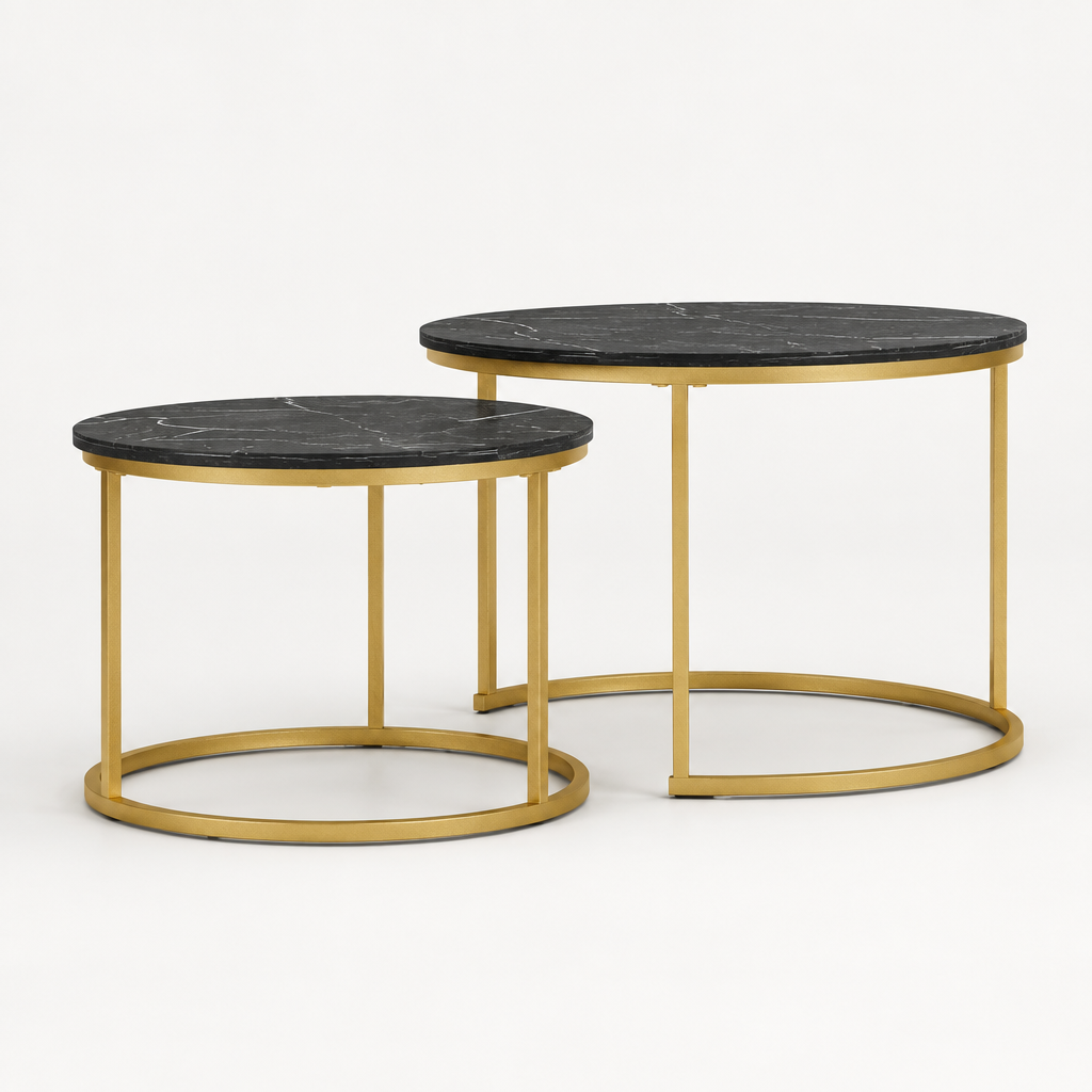 27.6in Nesting Coffee Table Set of 2, Round Coffee Table Wood Marble Pattern Top with Sturdy Metal Frame, End Table Side Tables for Living Room Bedroom Balcony Yard (Black) — studio side profile