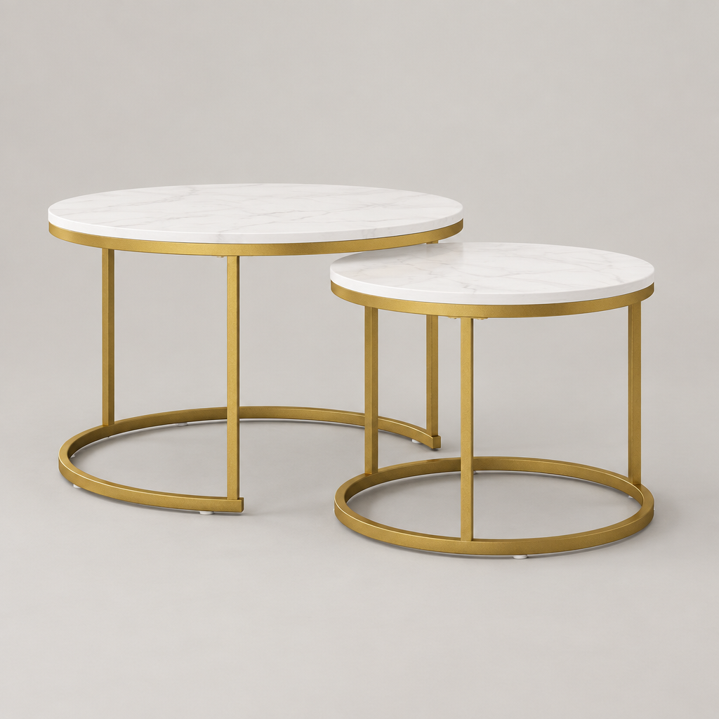 27.6in Nesting Coffee Table Set of 2, Round Coffee Table Wood Marble Pattern Top with Sturdy Metal Frame, End Table Side Tables for Living Room Bedroom Balcony Yard (White) — studio side profile