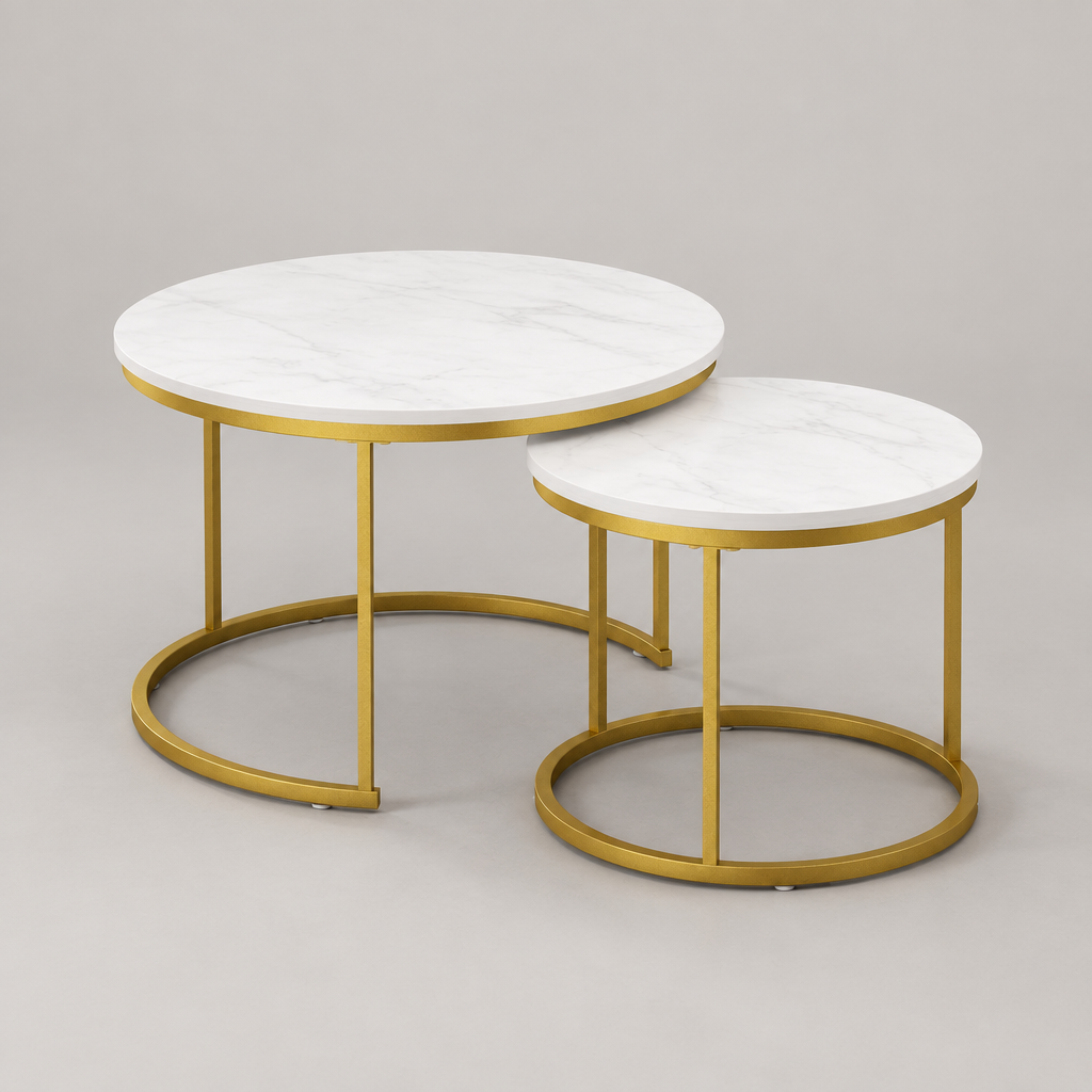 27.6in Nesting Coffee Table Set of 2, Round Coffee Table Wood Marble Pattern Top with Sturdy Metal Frame, End Table Side Tables for Living Room Bedroom Balcony Yard (White) — studio three-quarter