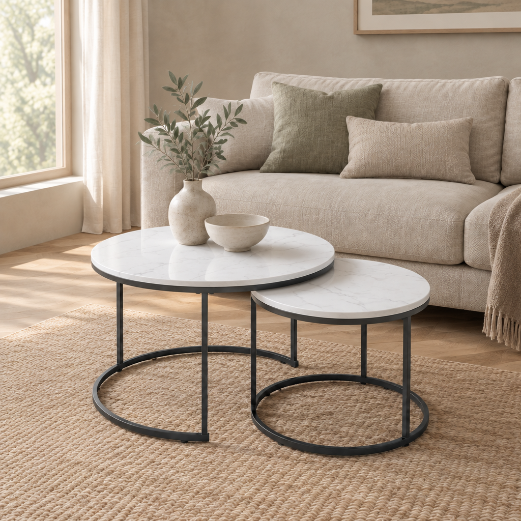 Nesting Coffee Table Set Of 2, 27.6inch Round Coffee Table Wood Marble Pattern Top With Sturdy Metal Frame, End Table Side Tables For Living Room Bedroom Balcony Yard White — living room three-quarter left
