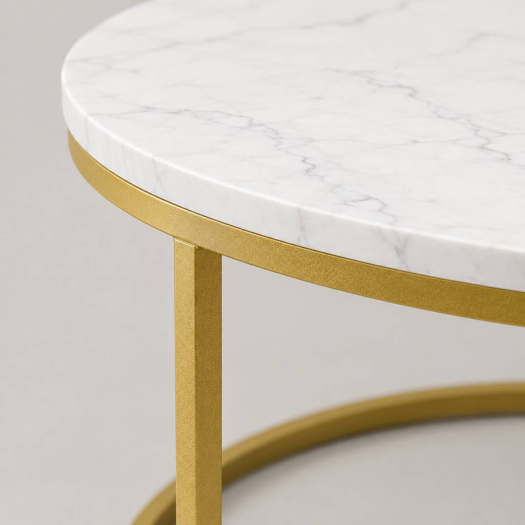 27.6in Nesting Coffee Table Set of 2, Round Coffee Table Wood Marble Pattern Top with Sturdy Metal Frame, End Table Side Tables for Living Room Bedroom Balcony Yard (White) — studio detail