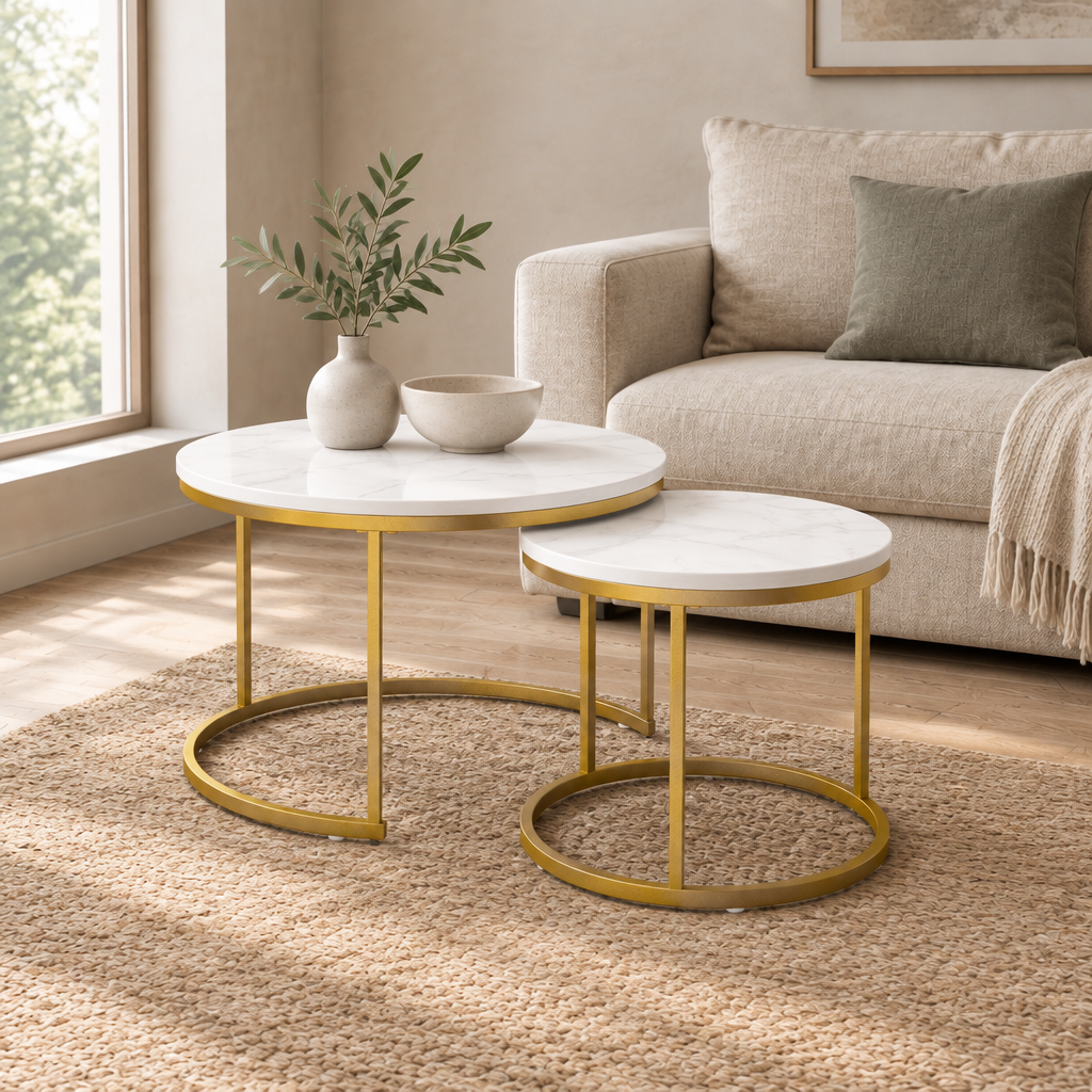 27.6in Nesting Coffee Table Set of 2, Round Coffee Table Wood Marble Pattern Top with Sturdy Metal Frame, End Table Side Tables for Living Room Bedroom Balcony Yard (White) — living room three-quarter left
