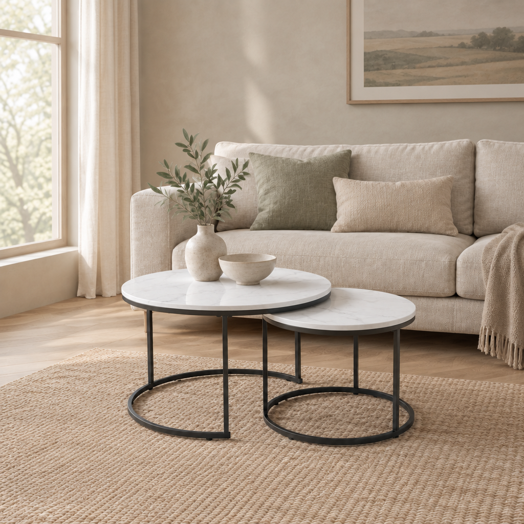 Nesting Coffee Table Set Of 2, 27.6inch Round Coffee Table Wood Marble Pattern Top With Sturdy Metal Frame, End Table Side Tables For Living Room Bedroom Balcony Yard White — living room wide