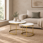 27.6in Nesting Coffee Table Set of 2, Round Coffee Table Wood Marble Pattern Top with Sturdy Metal Frame, End Table Side Tables for Living Room Bedroom Balcony Yard (White) — living room wide