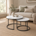 Nesting Coffee Table Set Of 2, 27.6inch Round Coffee Table Wood Marble Pattern Top With Sturdy Metal Frame, End Table Side Tables For Living Room Bedroom Balcony Yard White — living room three-quarter right