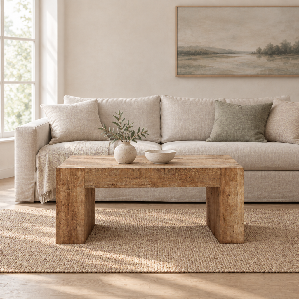 48  Farmhouse Coffee Table, Rectangle Wooden Center Table With Hidden Storage Drawer, Thick Coffee Tables For Living Room, Office, Apartment, Rest Area, Natural Wood Color — living room wide