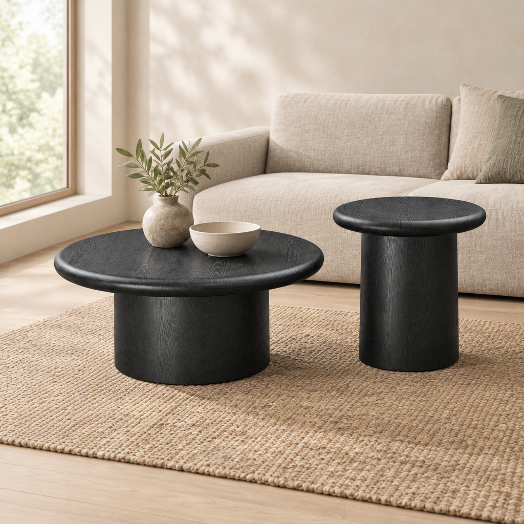 2-Piece Modern Round Coffee Table Set For Living Room,Easy Assembly Coffee Tables, End Side Tables For Leisure Area,Office,Black — living room three-quarter left