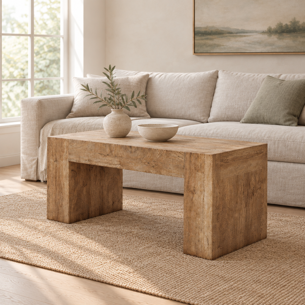 48  Farmhouse Coffee Table, Rectangle Wooden Center Table With Hidden Storage Drawer, Thick Coffee Tables For Living Room, Office, Apartment, Rest Area, Natural Wood Color — living room three-quarter right