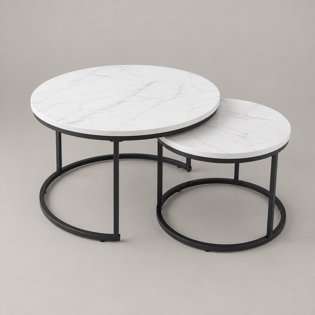 Nesting Coffee Table Set Of 2, 27.6inch Round Coffee Table Wood Marble Pattern Top With Sturdy Metal Frame, End Table Side Tables For Living Room Bedroom Balcony Yard White — studio three-quarter