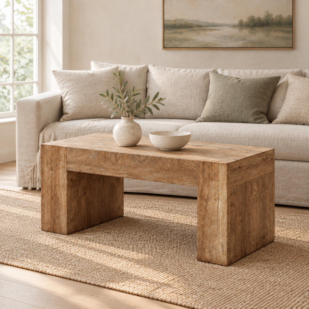 48  Farmhouse Coffee Table, Rectangle Wooden Center Table With Hidden Storage Drawer, Thick Coffee Tables For Living Room, Office, Apartment, Rest Area, Natural Wood Color — living room three-quarter left