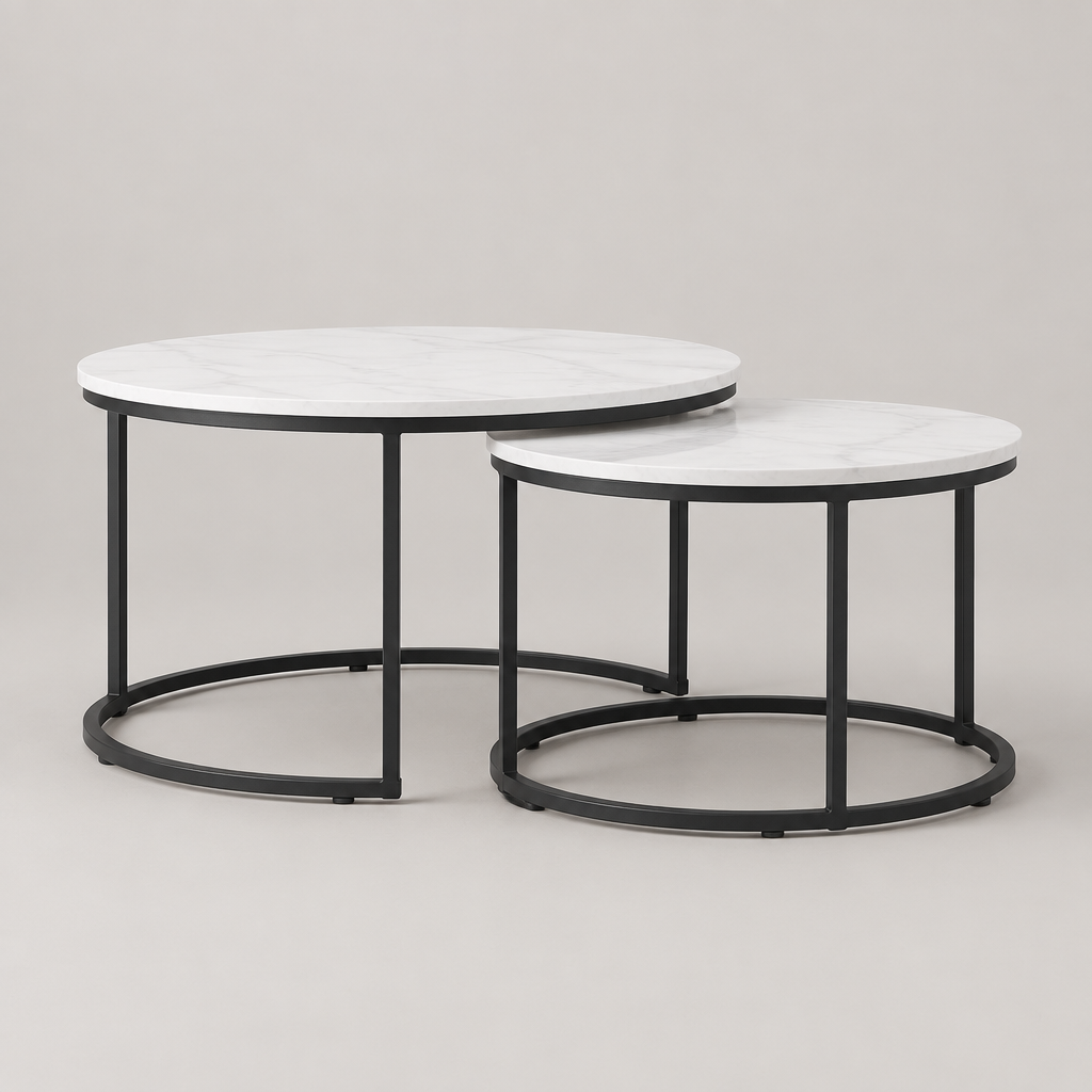 Nesting Coffee Table Set Of 2, 27.6inch Round Coffee Table Wood Marble Pattern Top With Sturdy Metal Frame, End Table Side Tables For Living Room Bedroom Balcony Yard White — studio side profile